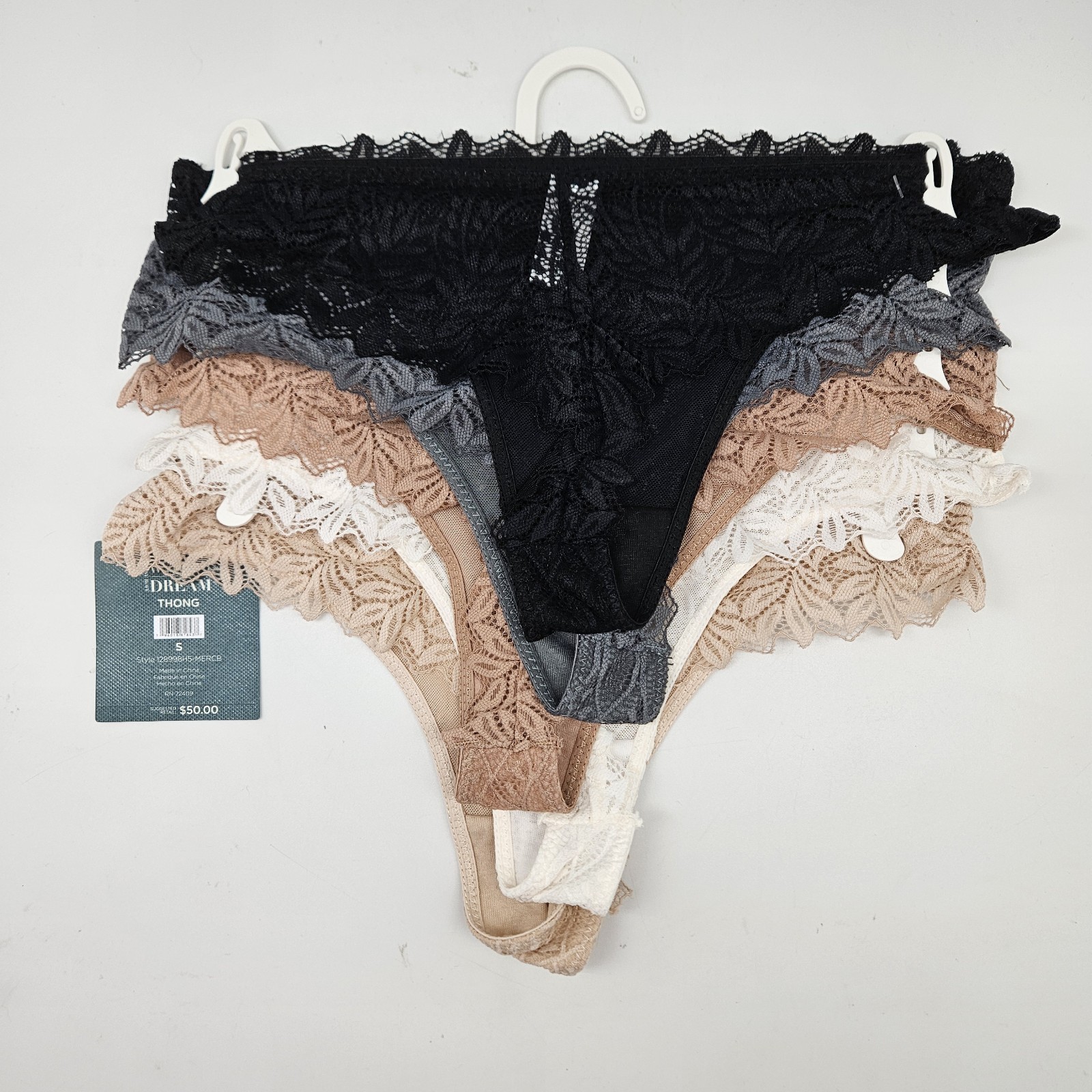 5 Pack Rene Rofe Lace Thong Panties Women’s S M L Black Gray Brown White Beige