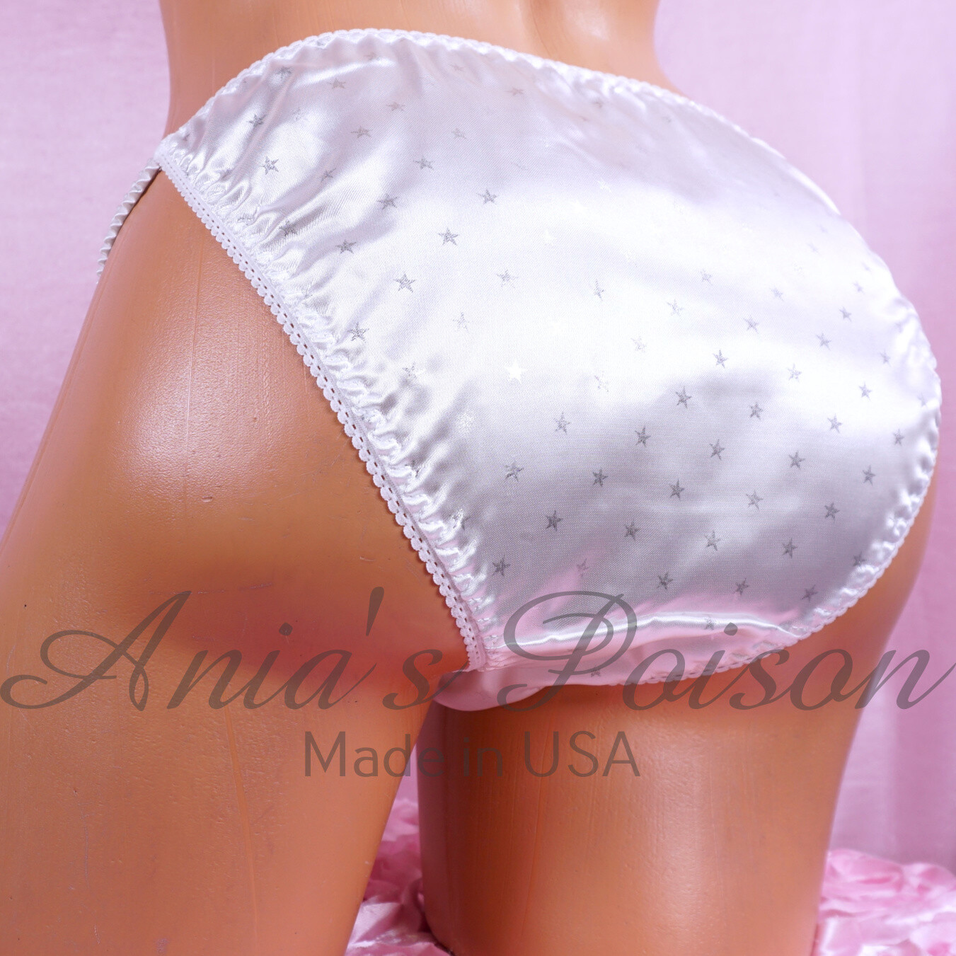 Satin Sissy DUCHESS CUT panties White & Silver Stars women’s string bikini 5-9