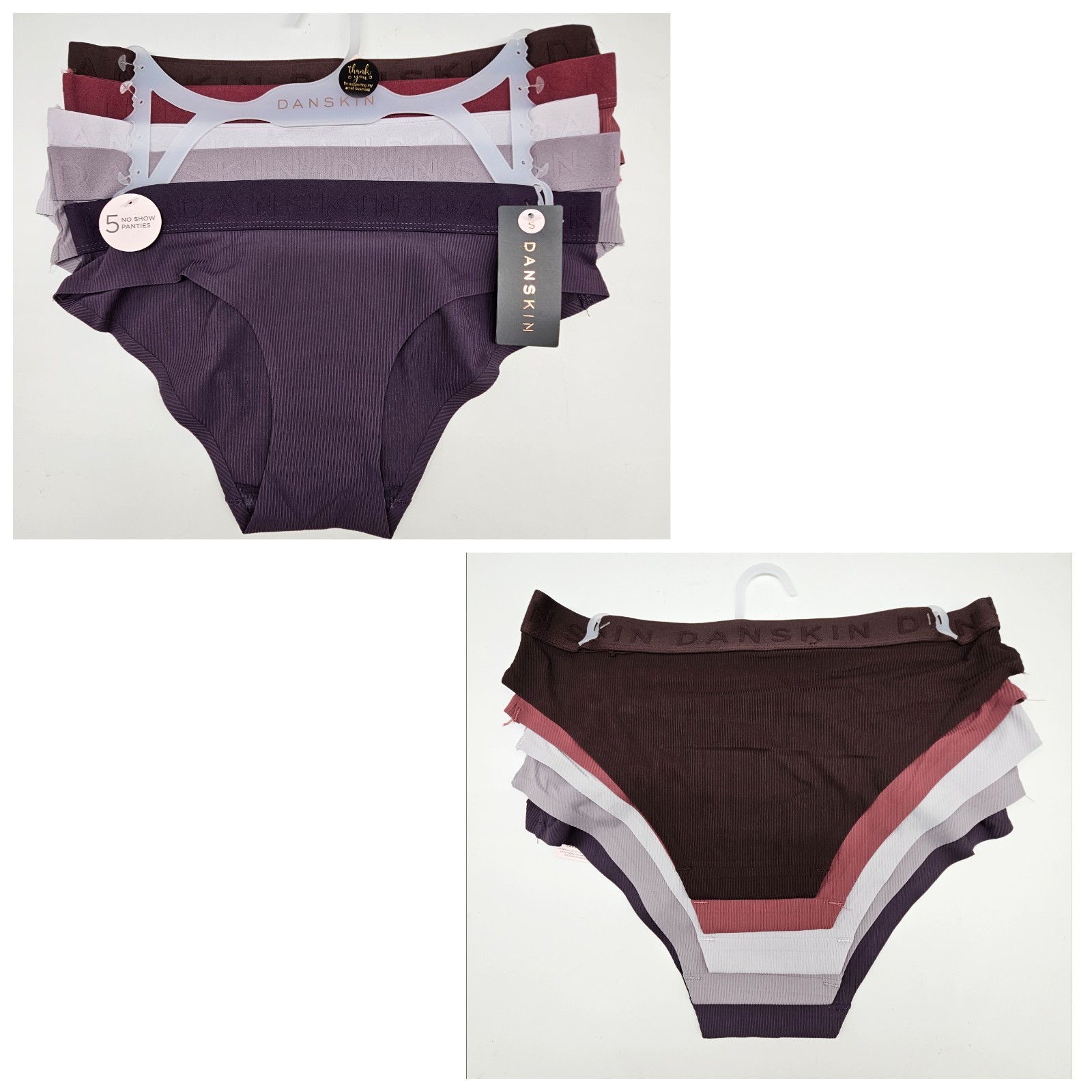 DANSKIN 5 Pack Womens S M L No Show Lasercut Panties Brown Red Brick Gray Purple