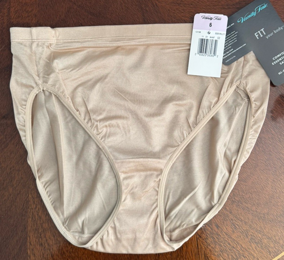 New VANITY FAIR Comfort Essentials HI CUT SATIN BRIEF Beige Tan Size 6 NWT