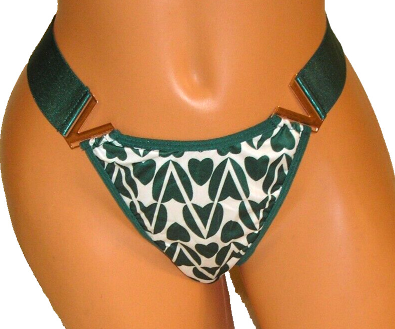 Green Heart Print Metal Accent Thong Panties Lingerie, XL Adult Gift