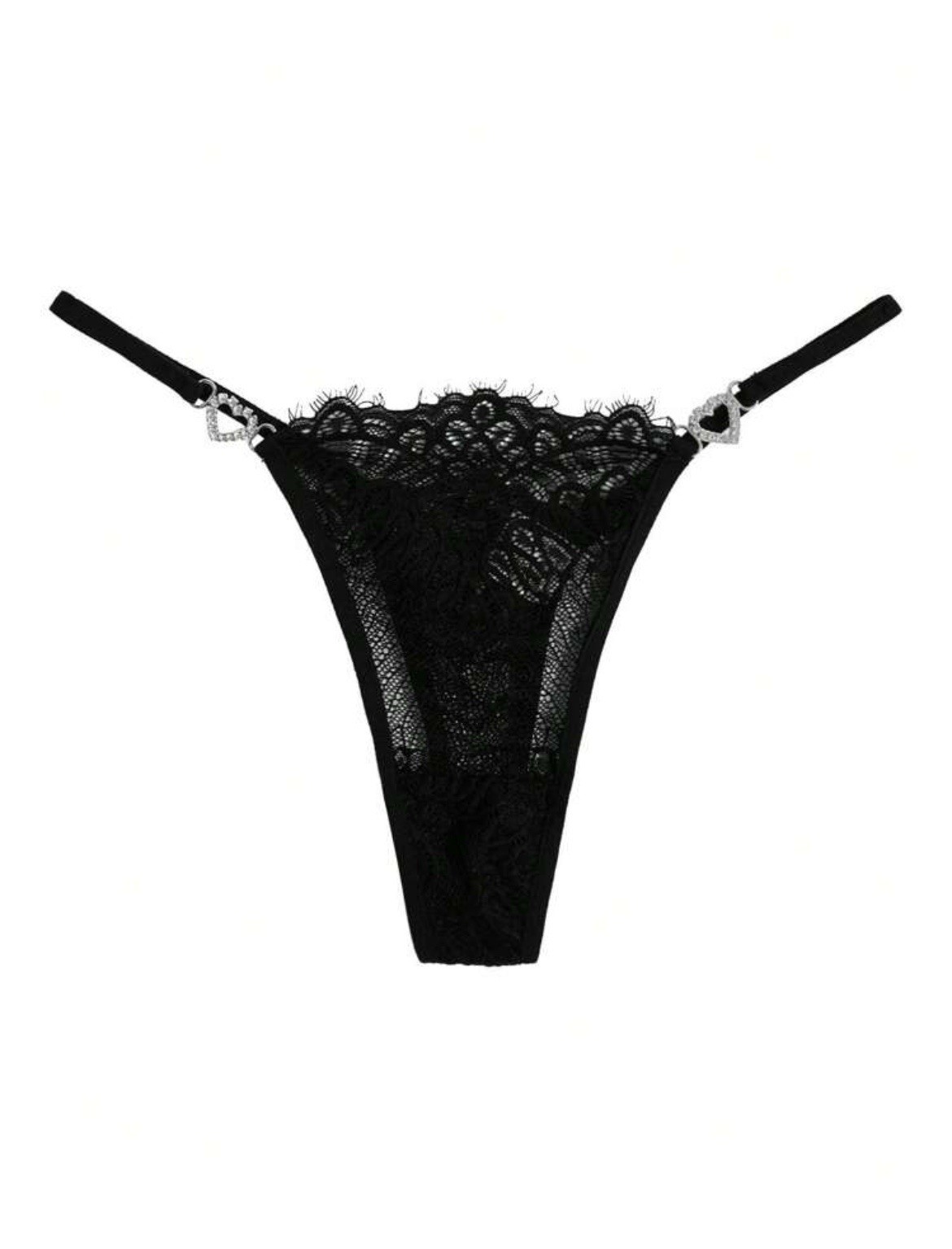 ROMWE Gothic Black Lace Thong Panty Rhinestone Hearts y2k Cute Kawaii Size Large