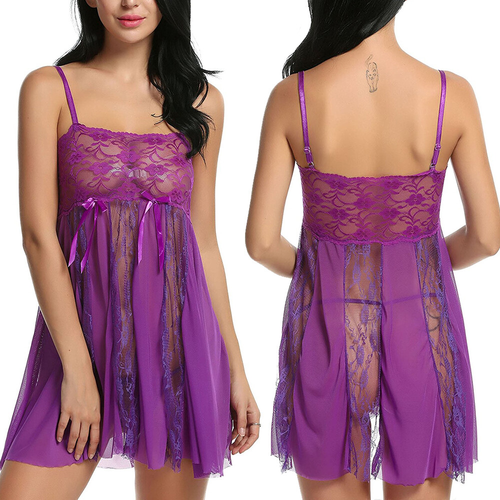 Lot Women Sexy Lingerie Sleepwear Lace Sheer Nightdress Purple Babydoll Robe