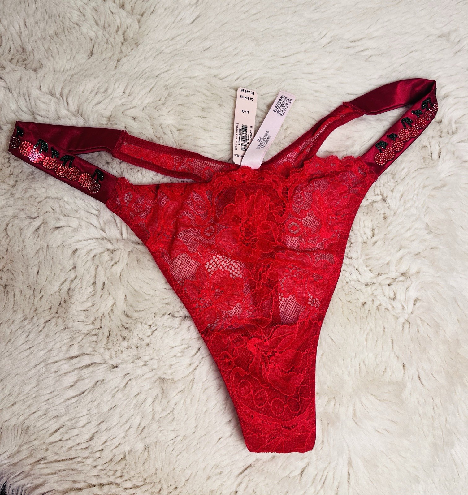VICTORIA’S SECRET L RED FLORAL LACE RHINESTONE LOGO THONG PANTIES
