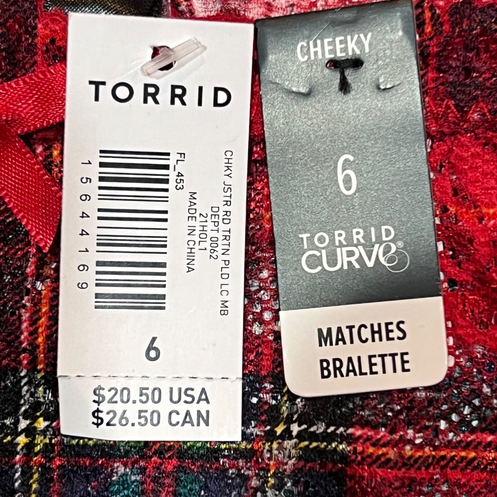NWT TORRID Cheeky Pantie Underwear Sz 5X-6X Red Green Plaid Lace