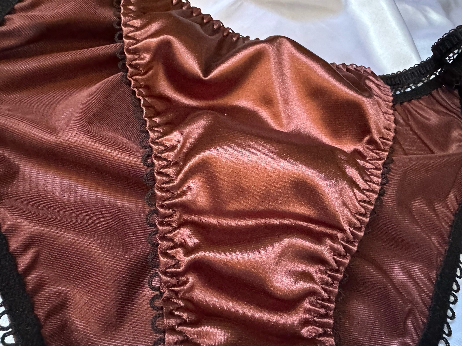 Rust Red Brown Satin String Bikini Panties Black Trim Sz Large