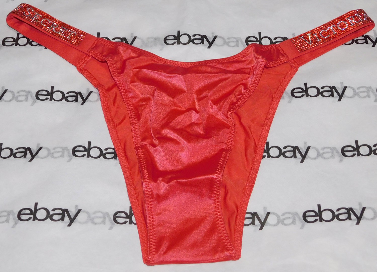 NEW Victoria’s Secret Very Sexy Shine Satin Brazilian Panty Med M Crystals Coral