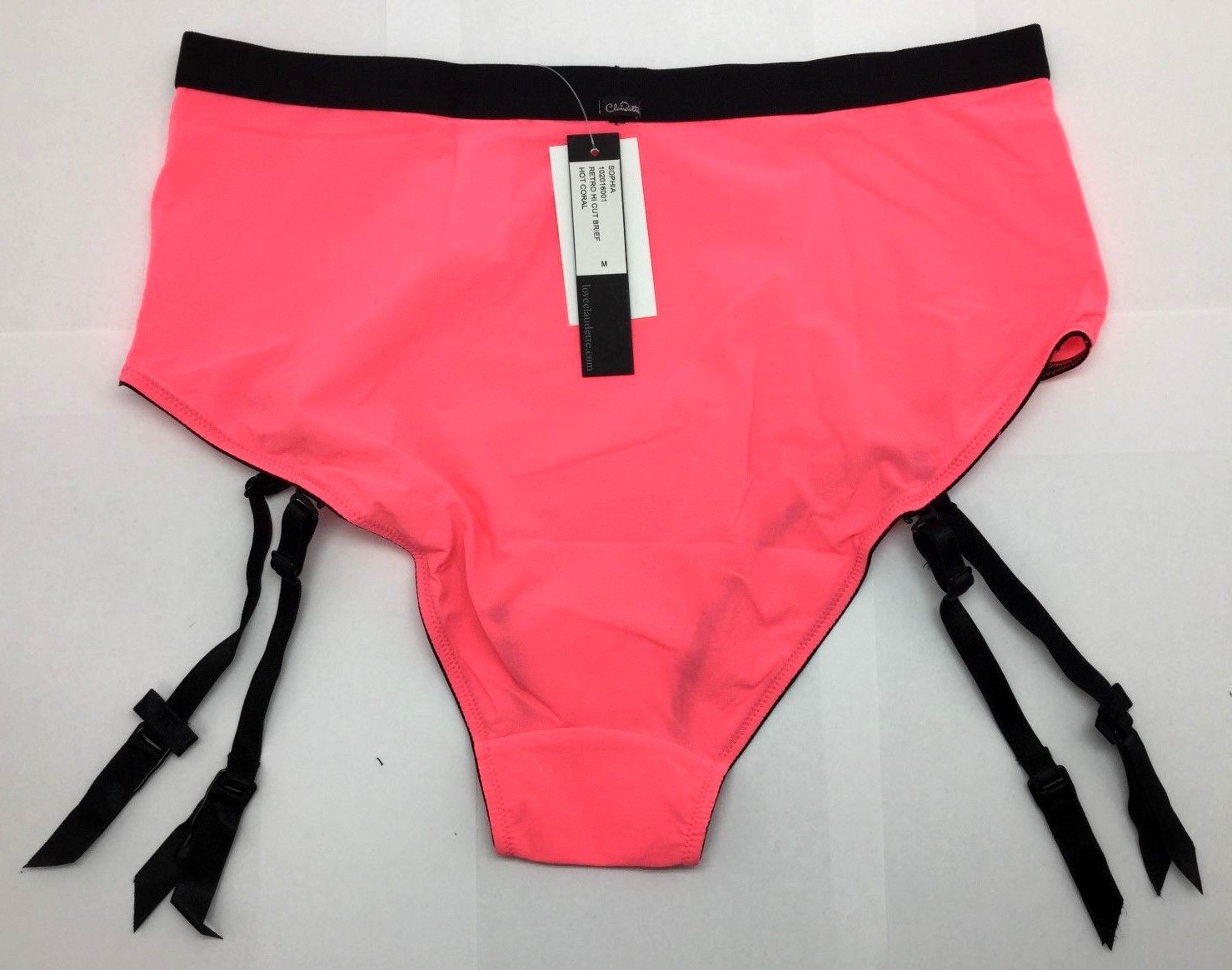 Claudette Sophia Retro Hi Cut Brief Garter Panty Lingerie Pin Up Hot Coral Pink