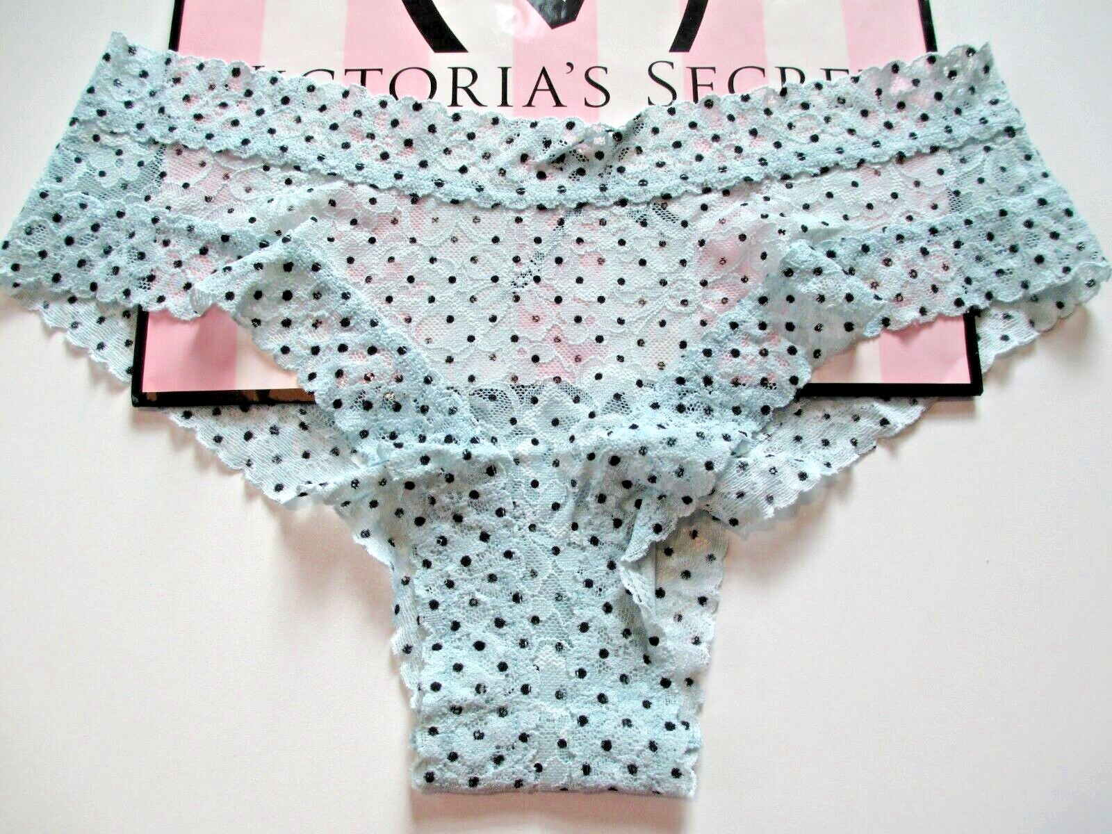 VICTORIA’S SECRET Lace Cheeky Panty S L XL Blue NWT Black Polka Dot VS