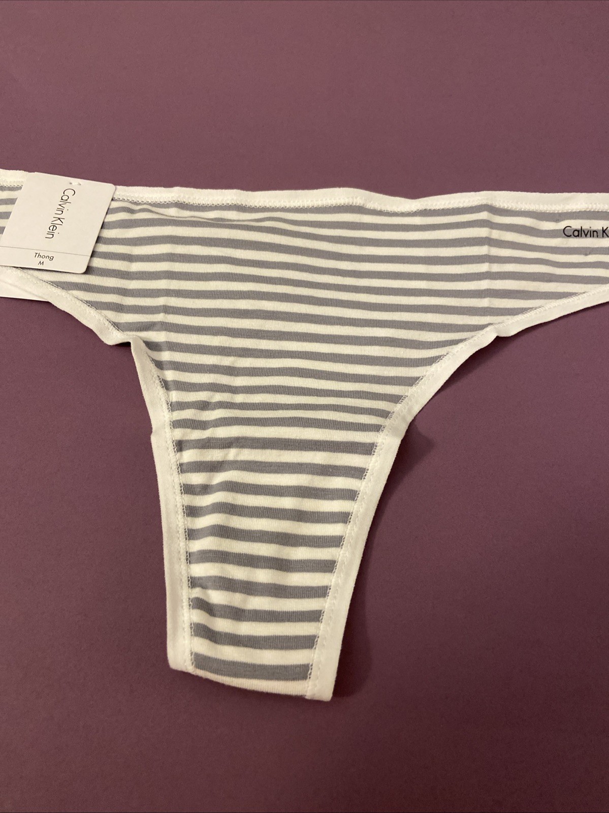 Calvin Klein Nude Grey & White Striped Thong Panties/ Medium