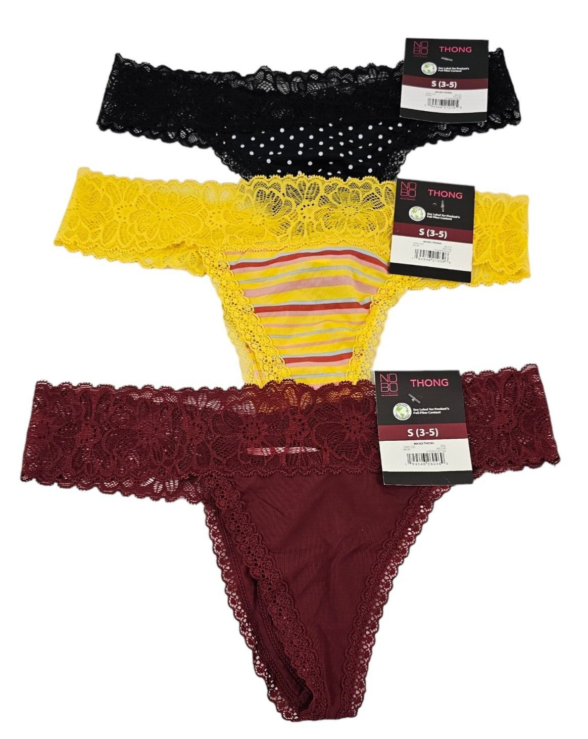 No Boundaries Micro Lace Trim 3-Pack NOBO Thong Panties – Size Small NWT