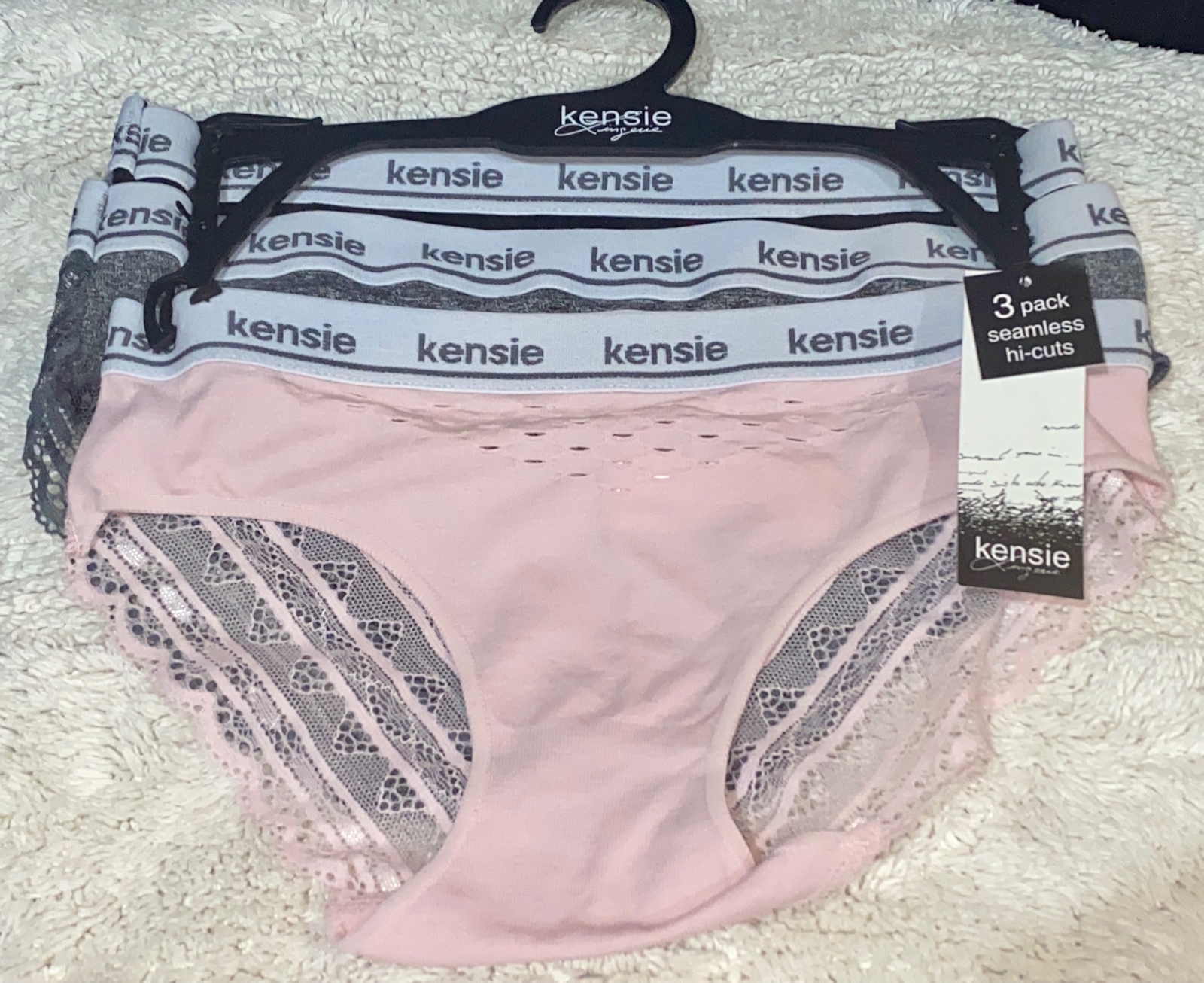 KENSIE Seamless Lace Back 3 Pk Pink Grey Black Hi Cut Hipster Panty NEW Womens M