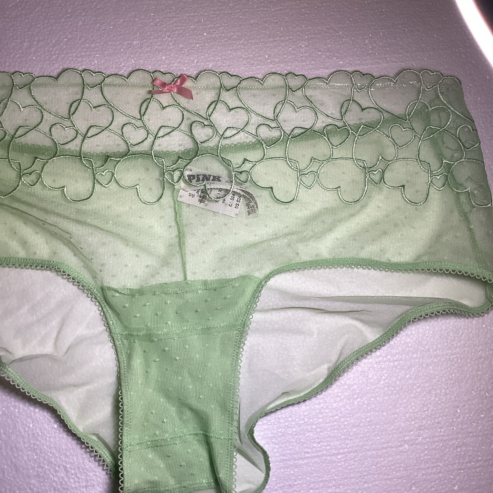 PINK Women’s Green Sheer Mesh Heart Pattern Hipster Panties, Size XXL