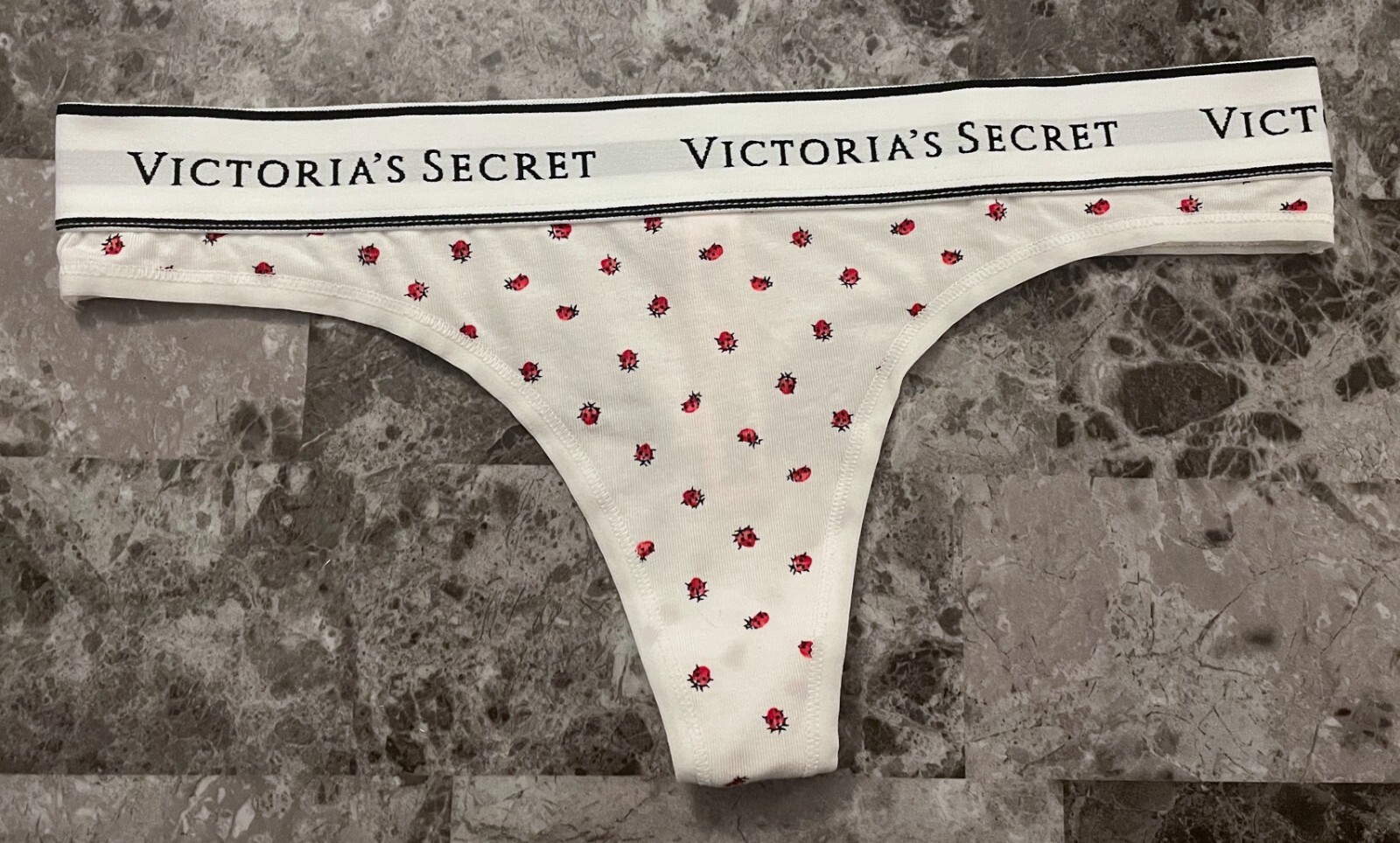 NWT VICTORIA’S SECRET WHITE RED LADYBUG THICK LOGO WAISTBAND THONG PANTIES
