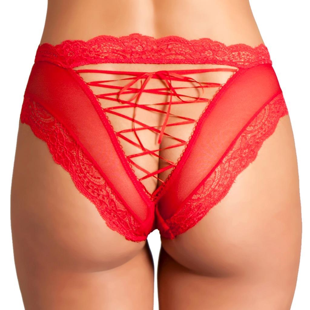 Lace Up Panty Tie Back Peek A Boo Sheer Mesh Open Panties Red 1780 Small