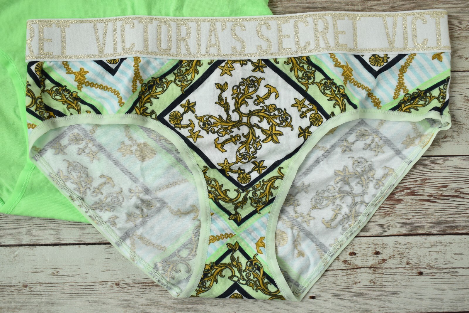 Victoria’s Secret SMALL *COTTON* LOGO HIPHUGGER SET *Neon Green & Nautical*