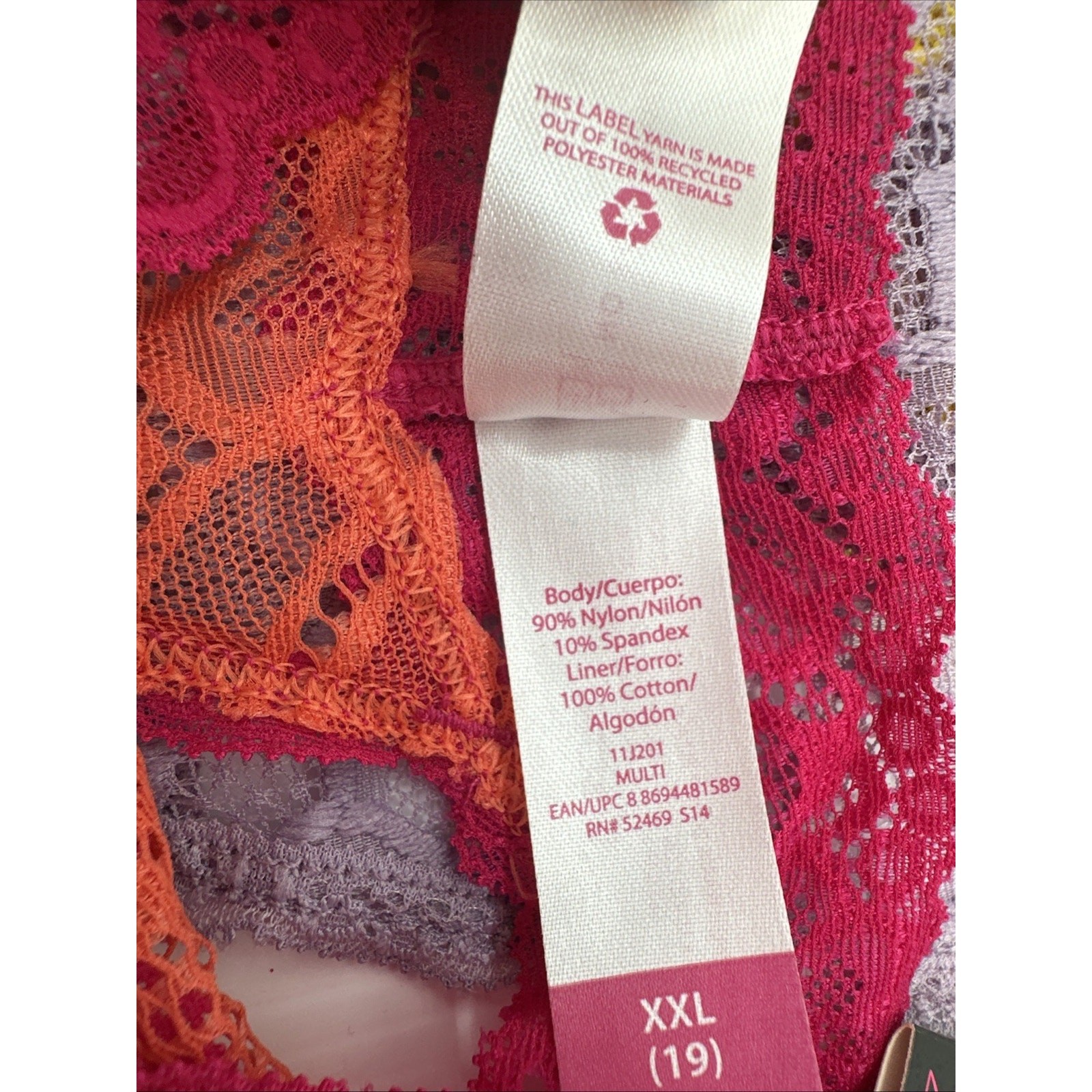 NOBO No Boundaries XXL(19) Set Of 3 Thong Panties Lace, Pink/orange Purple Yello