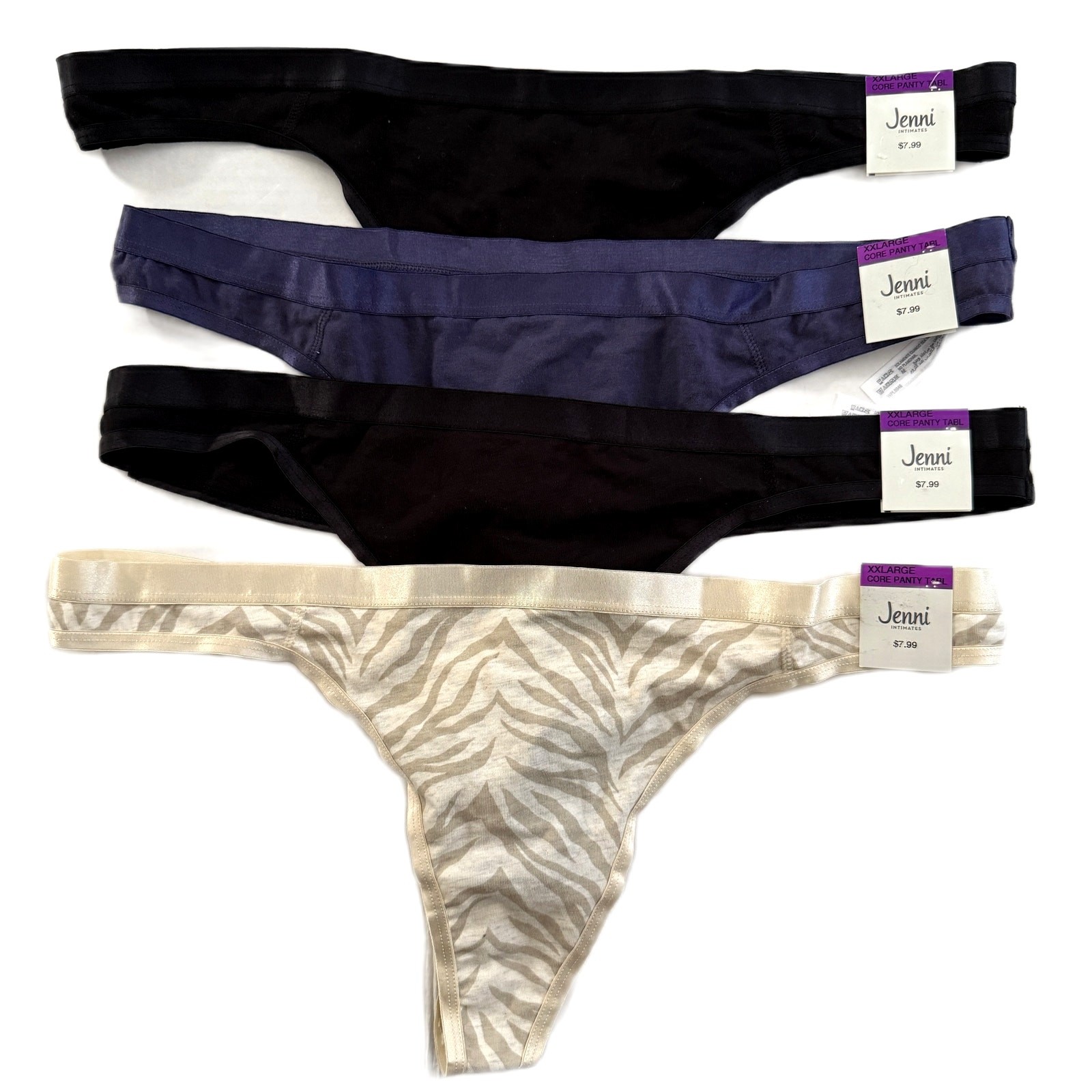 Jenni Intimates Lot 4pcs Thong Cotton Panty – 2 Black Purple Beige – Plus XXL