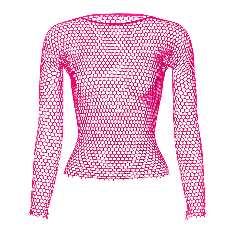 Sexy Long Sleeve Top Women Mesh Fishnet Blouse Crop See Through Hollow T Shirt