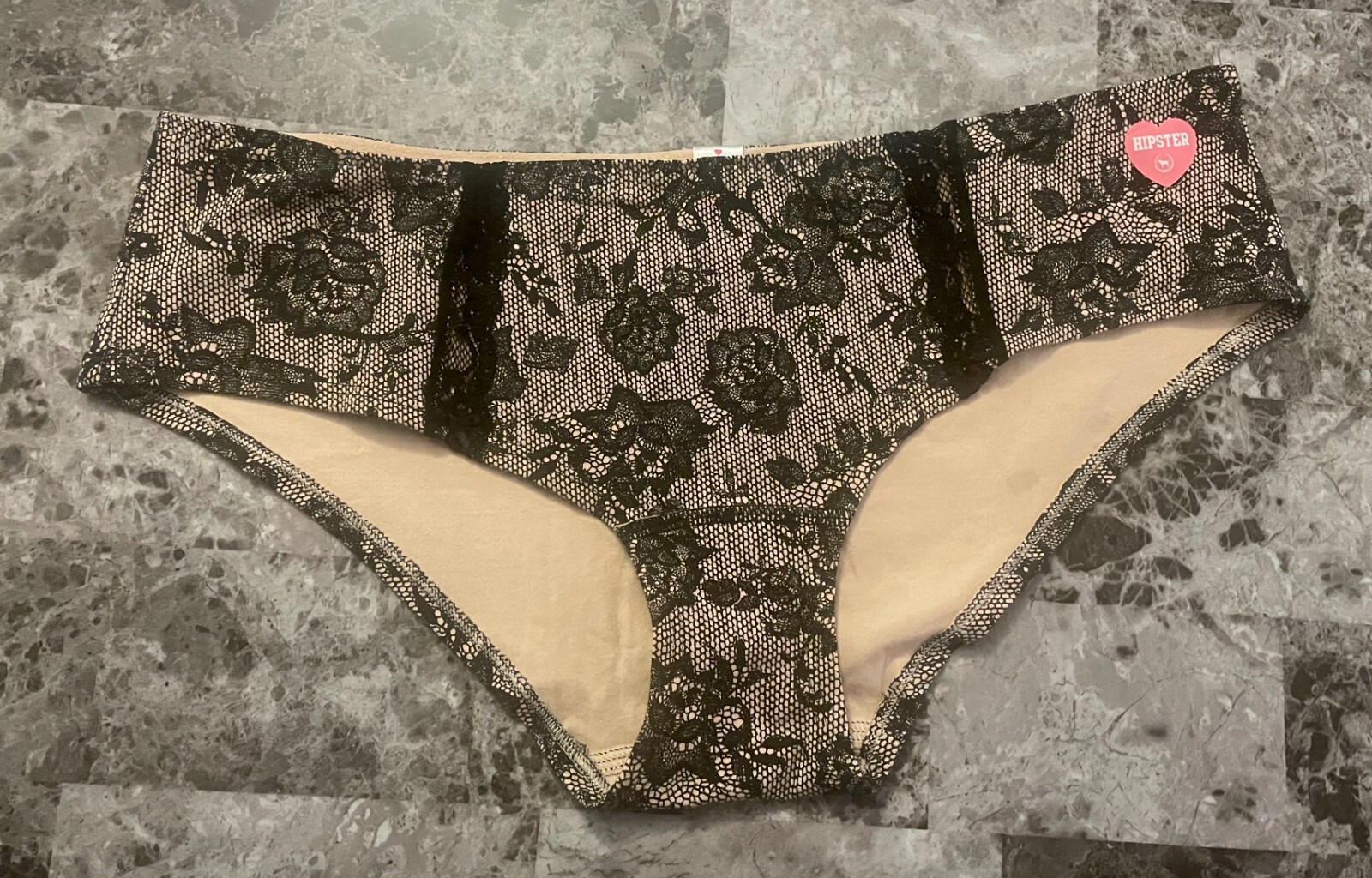 NWT VICTORIA’S SECRET PINK L NUDE BLACK LACE BOW VINTAGE RARE HIPSTER PANTIES