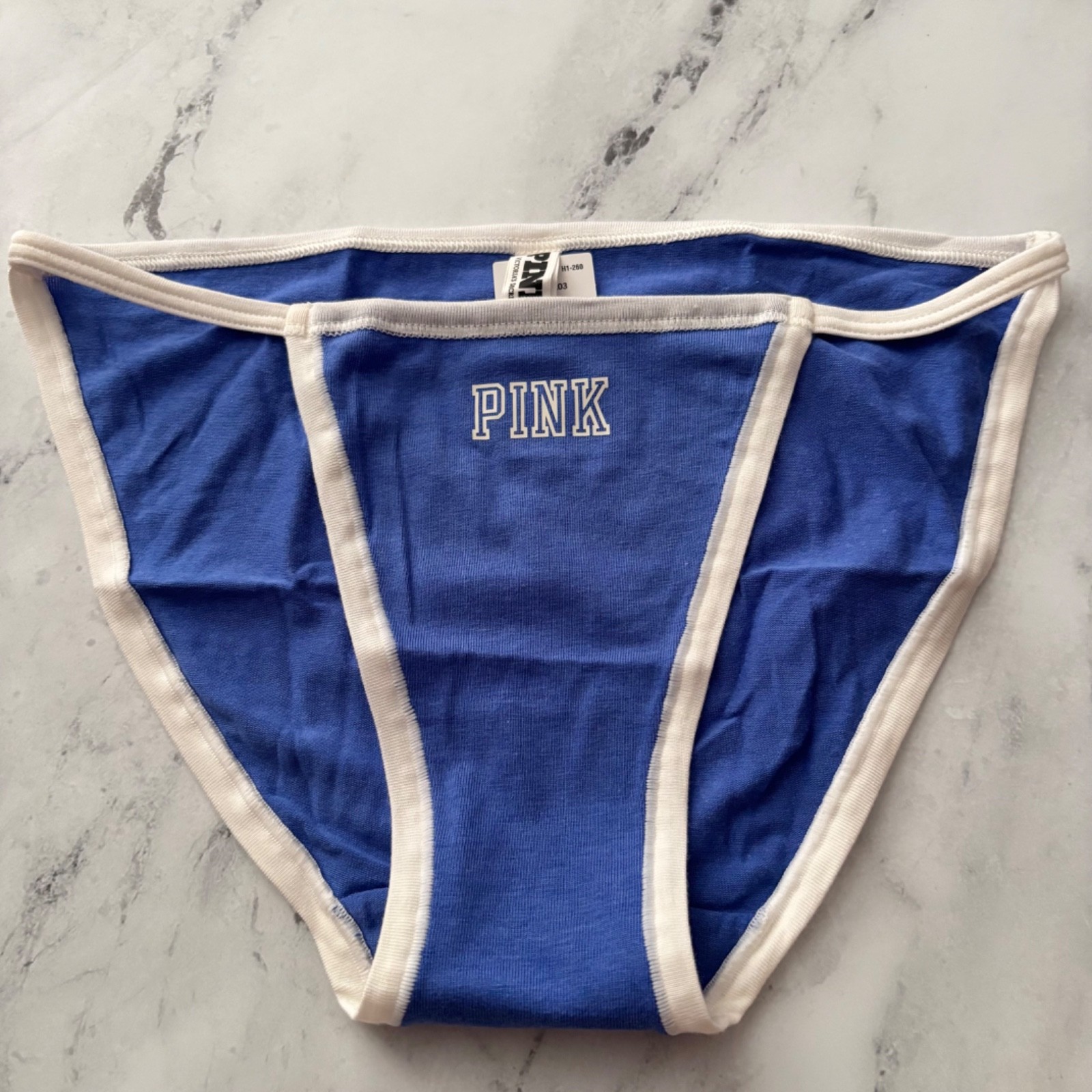 PINK Victoria’s Secret String Bikini Panty Blue w/ Trim Logo M XL 2XL