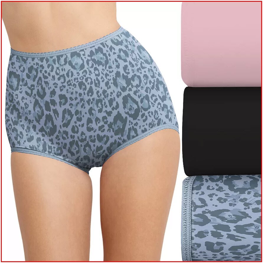 3 Pairs- Bali Womens SKIMP SKAMP Brief Panties Size 6 MEDIUM Blue Leo Black Pink