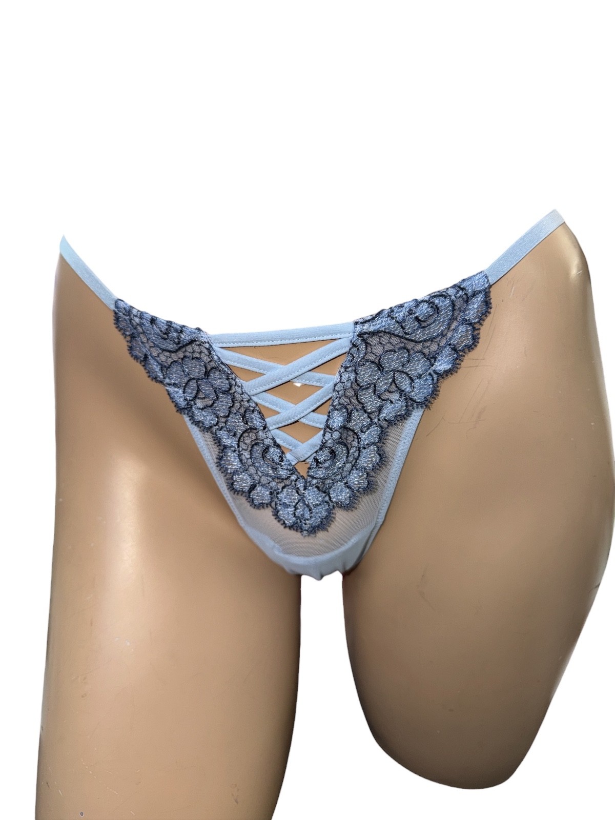 Victoria’s Secret Boho Floral Embroidery Mesh/Lace Thong Panty Color Blue NWT