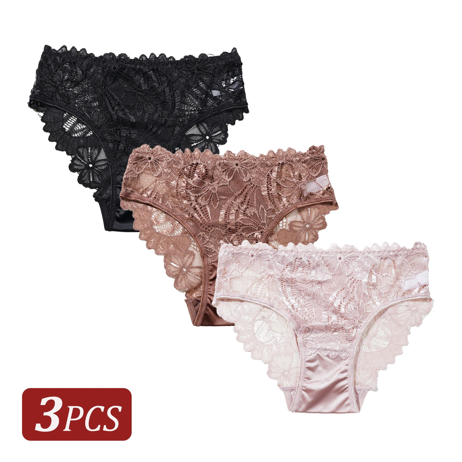 Mid Rise Brief Panties Lace Floral Stretch Soft Breathable Comfortable Wear 3PCS