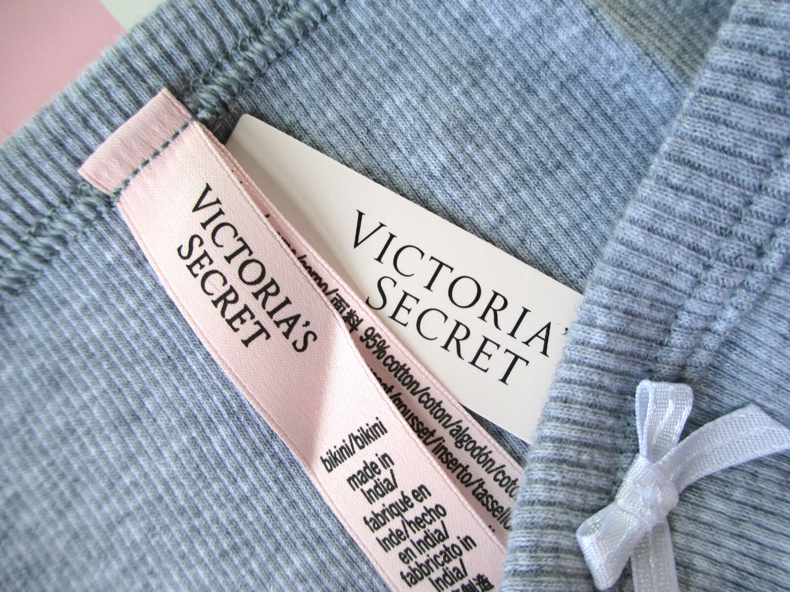 VICTORIA’S SECRET Cotton Rib Bikini Panty VS Heather Gray L XL White Ribbon NWT