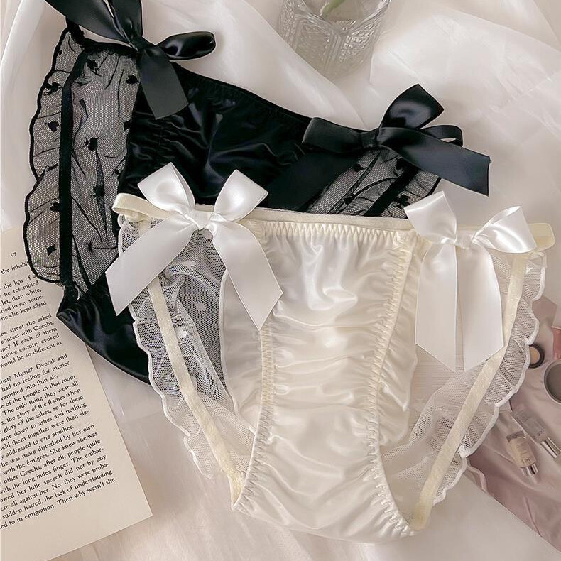 Lot 5 Pcs Sexy Ladies Womens Satin Panties Briefs Bow Sheer Underwear Intimate