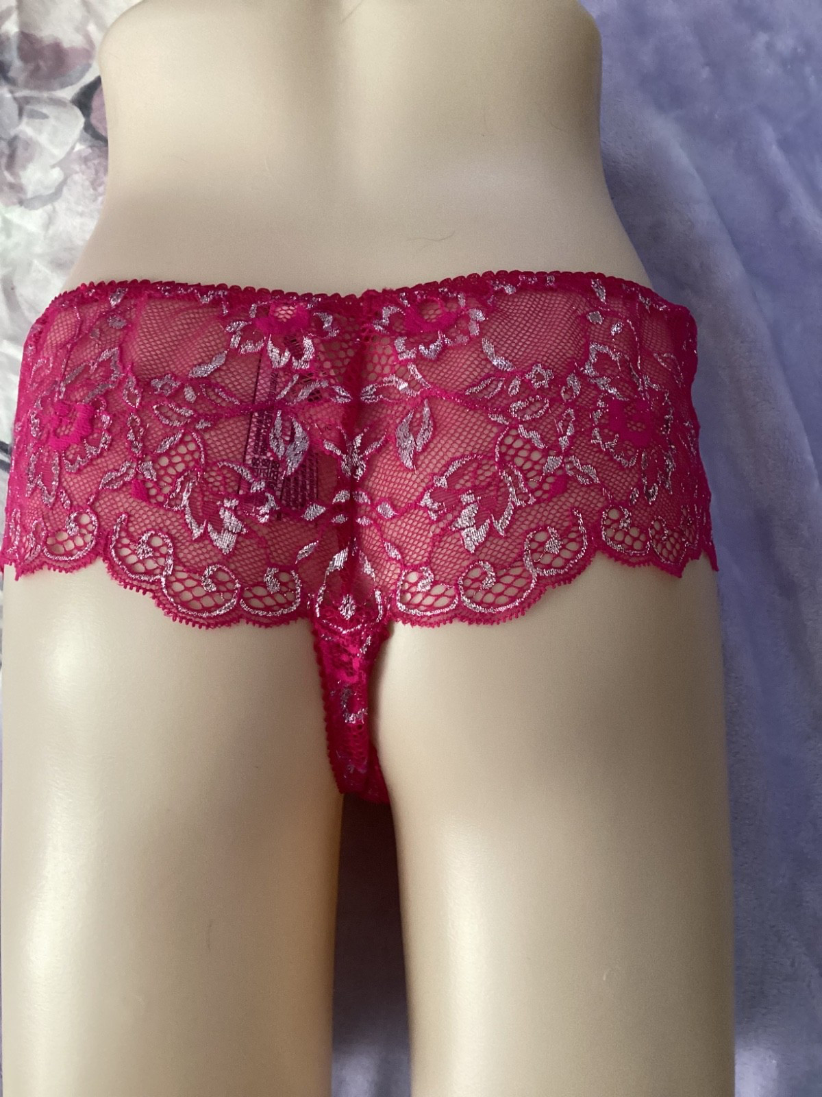 VICTORIA’S SECRET DREAM ANGELS PINK SILVER LACE WIDE THONG PANTY L (EF302)