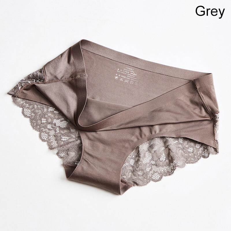 Women Satin Ice Silk Seamless Panties Sexy Lace Low-Cut Underwear Knickers Brief