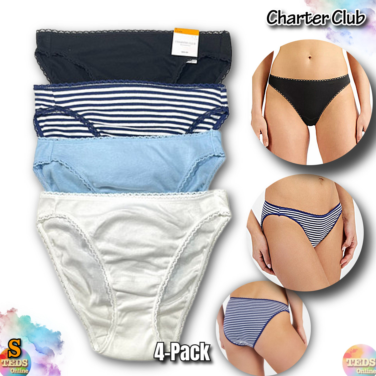 NWT Charter Club Women’s S Hi-Cut Cotton Bikini 4-Pack, Blue White Black