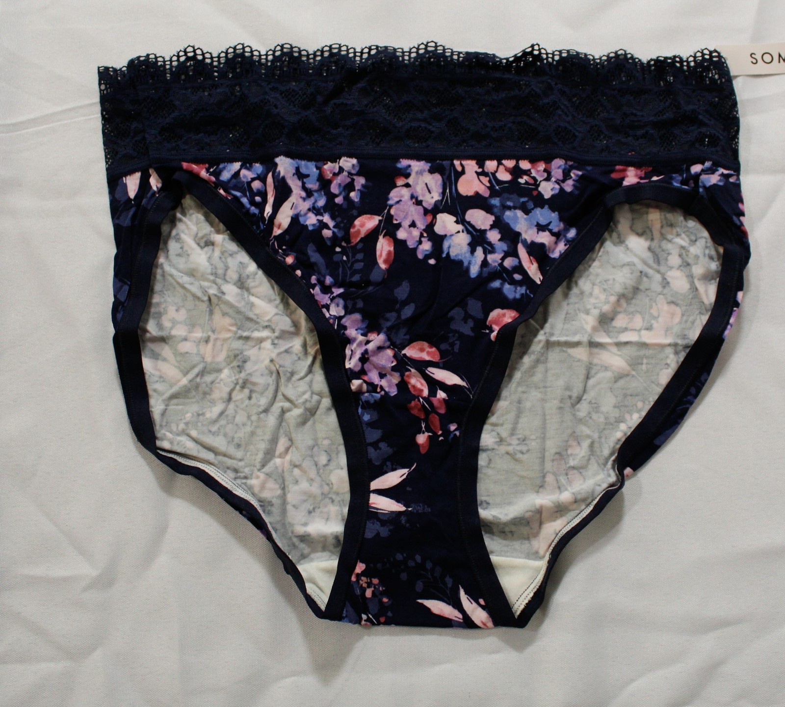 Soma Women’s High Leg Panty W Enchanting Lace NN7 Bloom Brightly Mini Navy L NWT