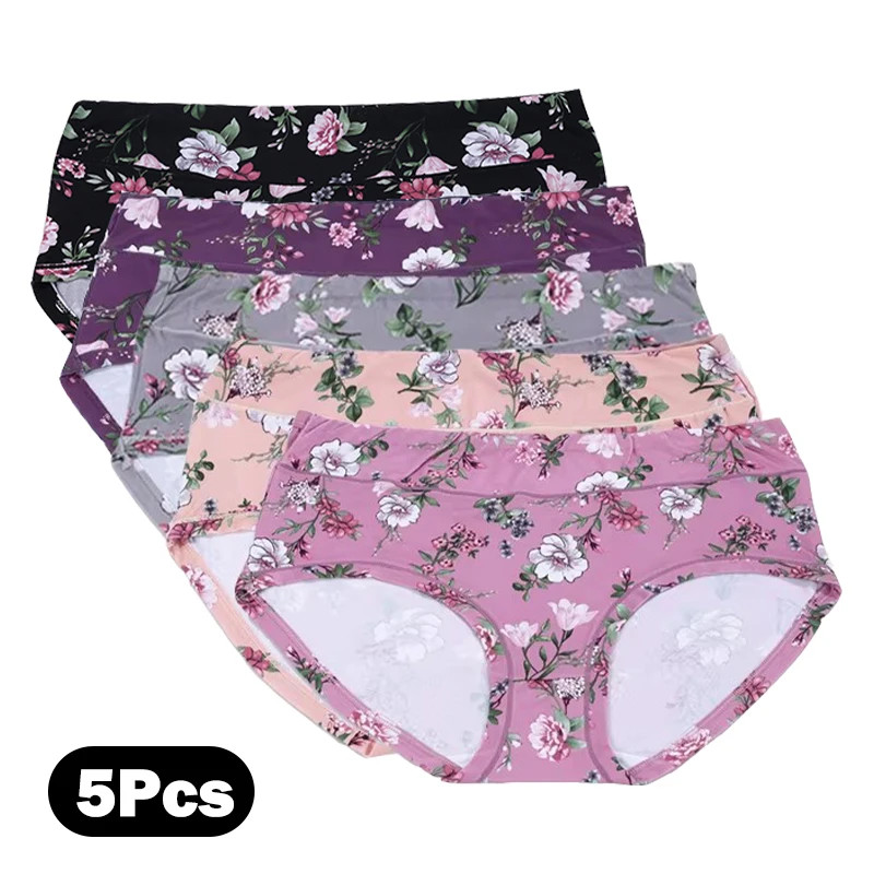 Panties High Waist Floral Print Stretch Breathable Seamless Briefs 5PCS Women