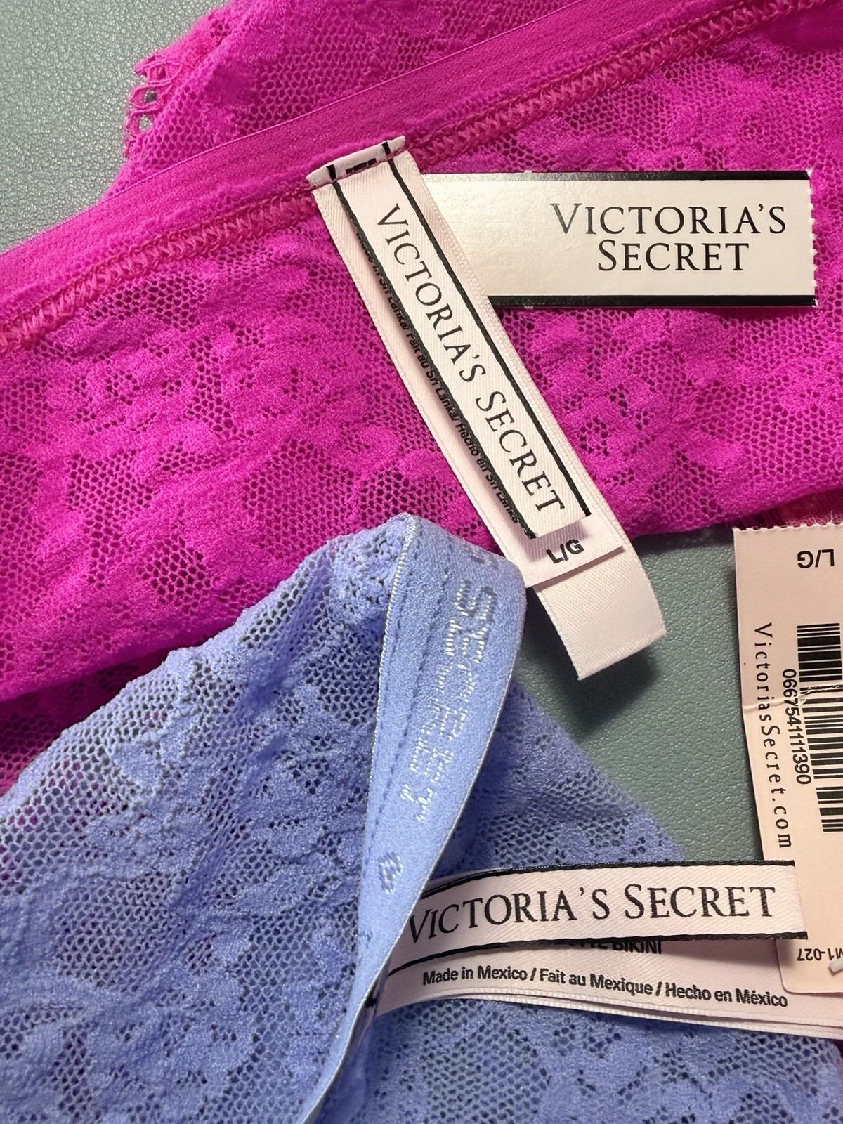 Victoria Secret Lace Bikini Panties 2 Pair size Large Periwinkle & Candy Pink