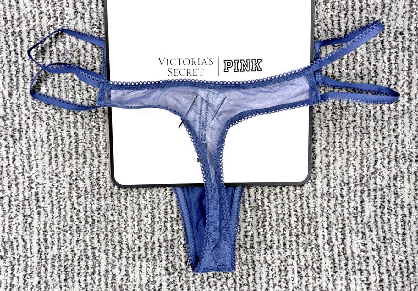Victoria’s Secret PINK NWT Large Blue Sequin Strappy Lace Thong Panty Sexy Wink