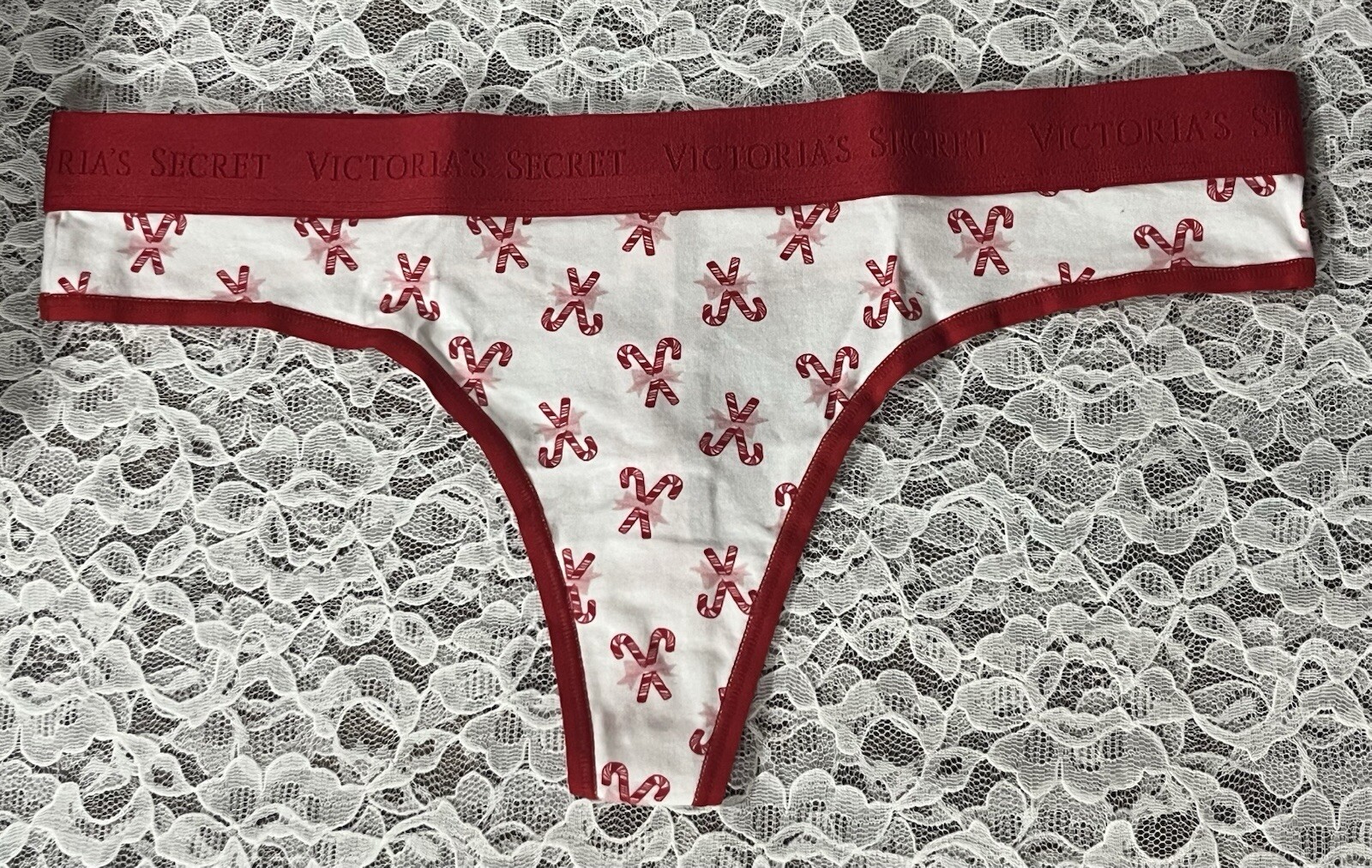 Victoria’s Secret Thong White Candy Cane Panties Logo Waist Size Large