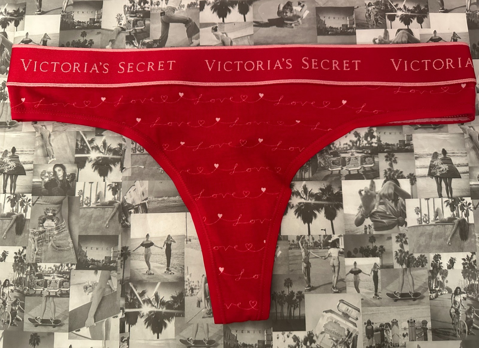 NWT Victoria’s Secret Logo Cotton Thong Panty Red Lacquer Love Script Small 💗