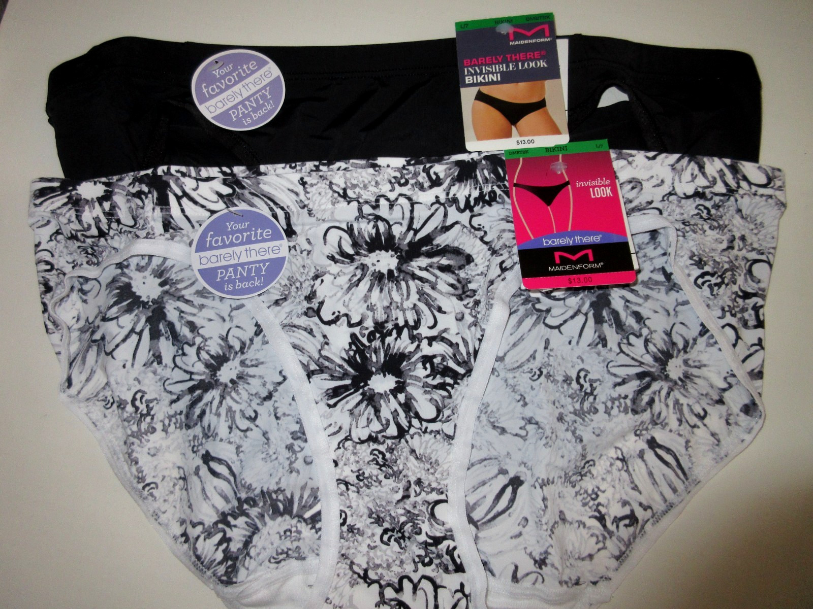 Maidenform 2-Pair BIKINI panties Barely There invisible Black White Nylon ~ L/7