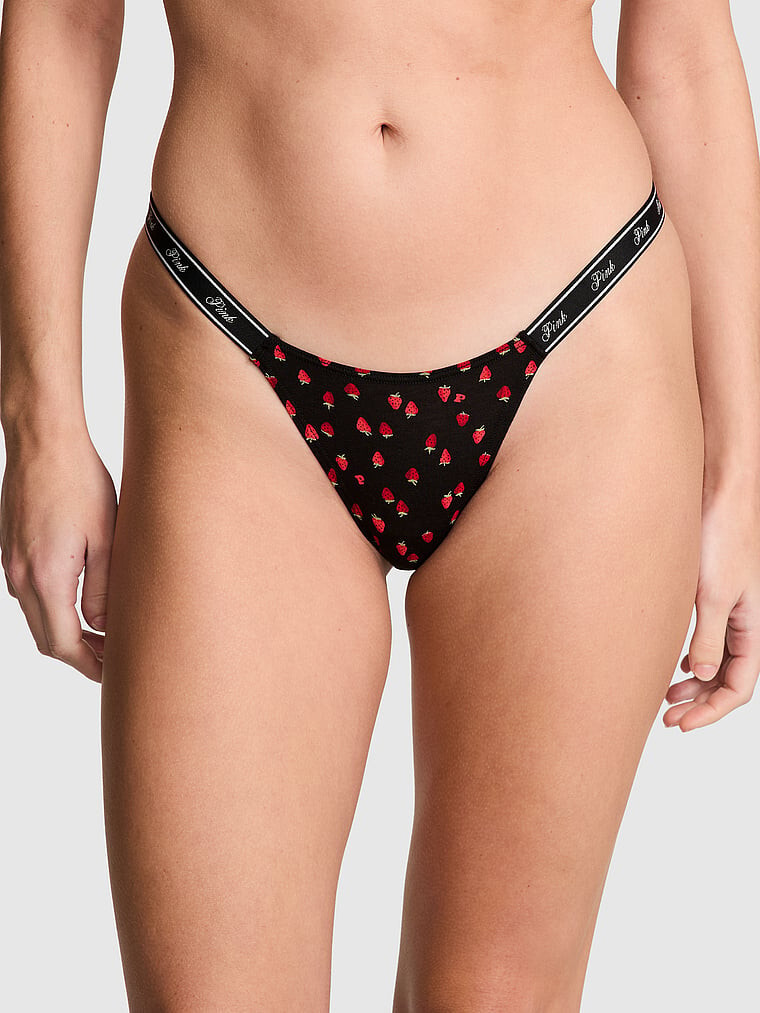 Victoria’s Secret PINK – M Logo Cotton Micro Thong Panty Black Strawberry Medium