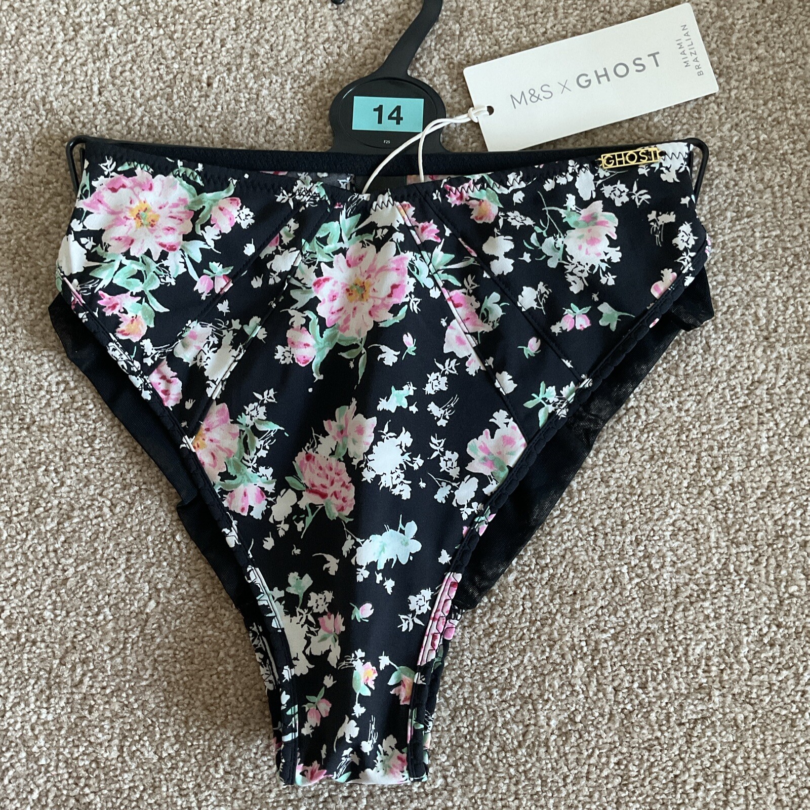 M&S Size 14 X Ghost Pretty Miami Brazilian Knickers Black Mix Pink Floral Soft