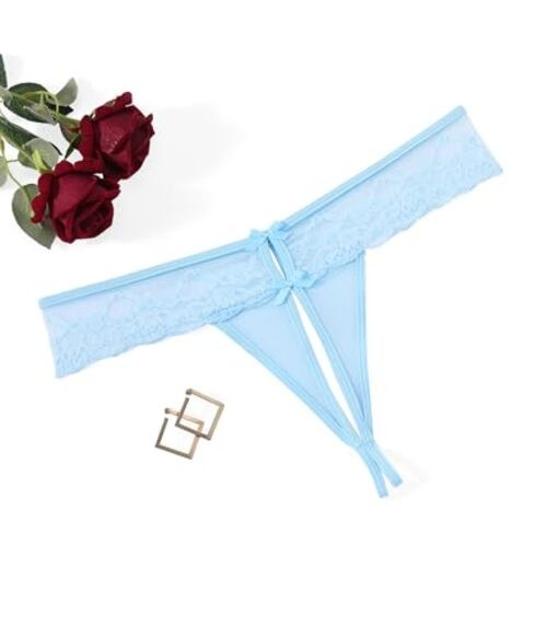 Women Lace Panties T-back Floral Lace Briefs Mesh Hollow X-Large Light Blue