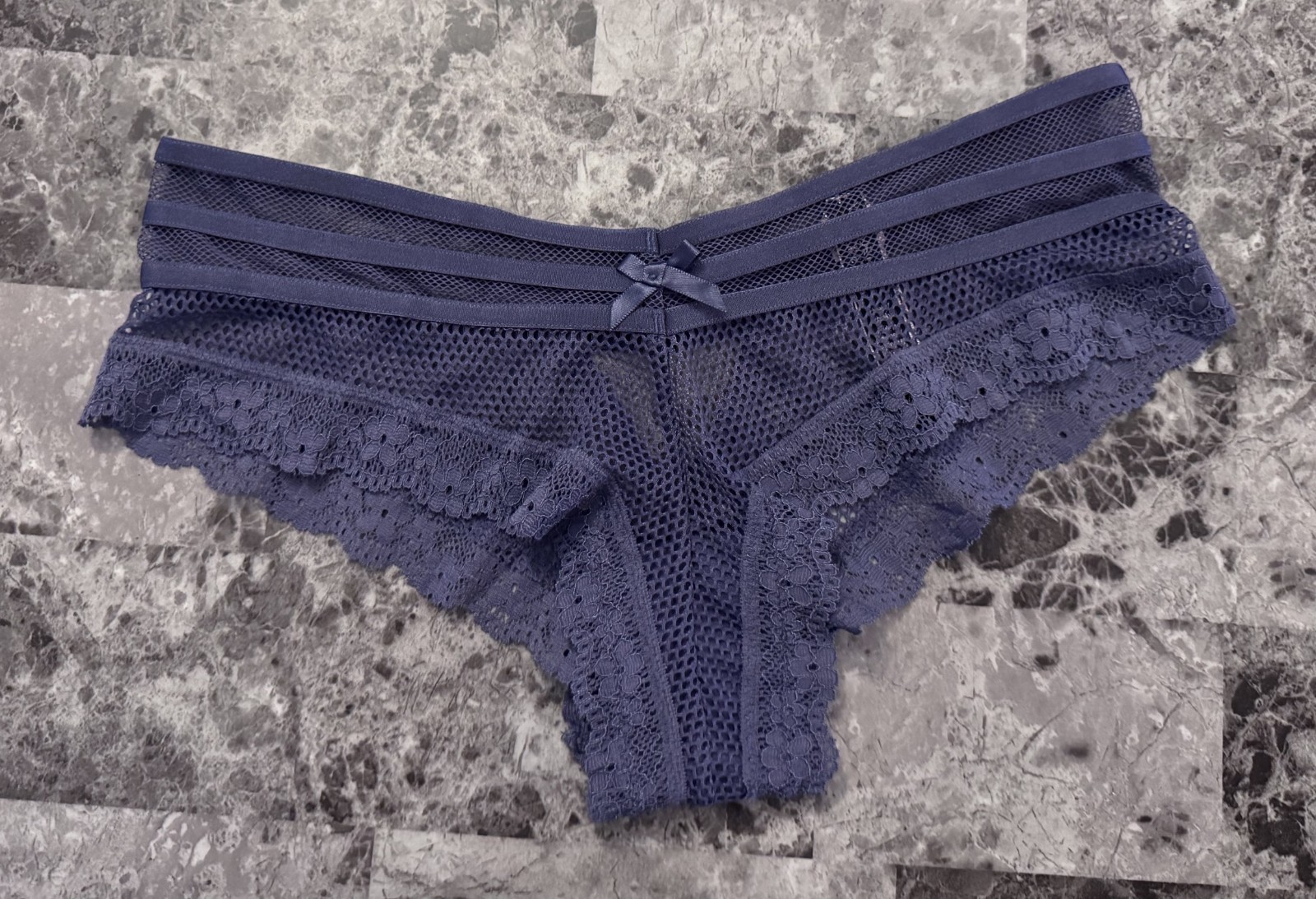 NWT VICTORIA’S SECRET S BLUE FISHNET NETTED MESH LACE CUTOUT RARE CHEEKY PANTIES