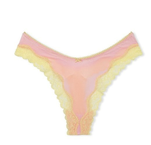 Victoria Secret Tease Pink Yellow Lace Thong Panty SIZE M Smooth Silky NWT