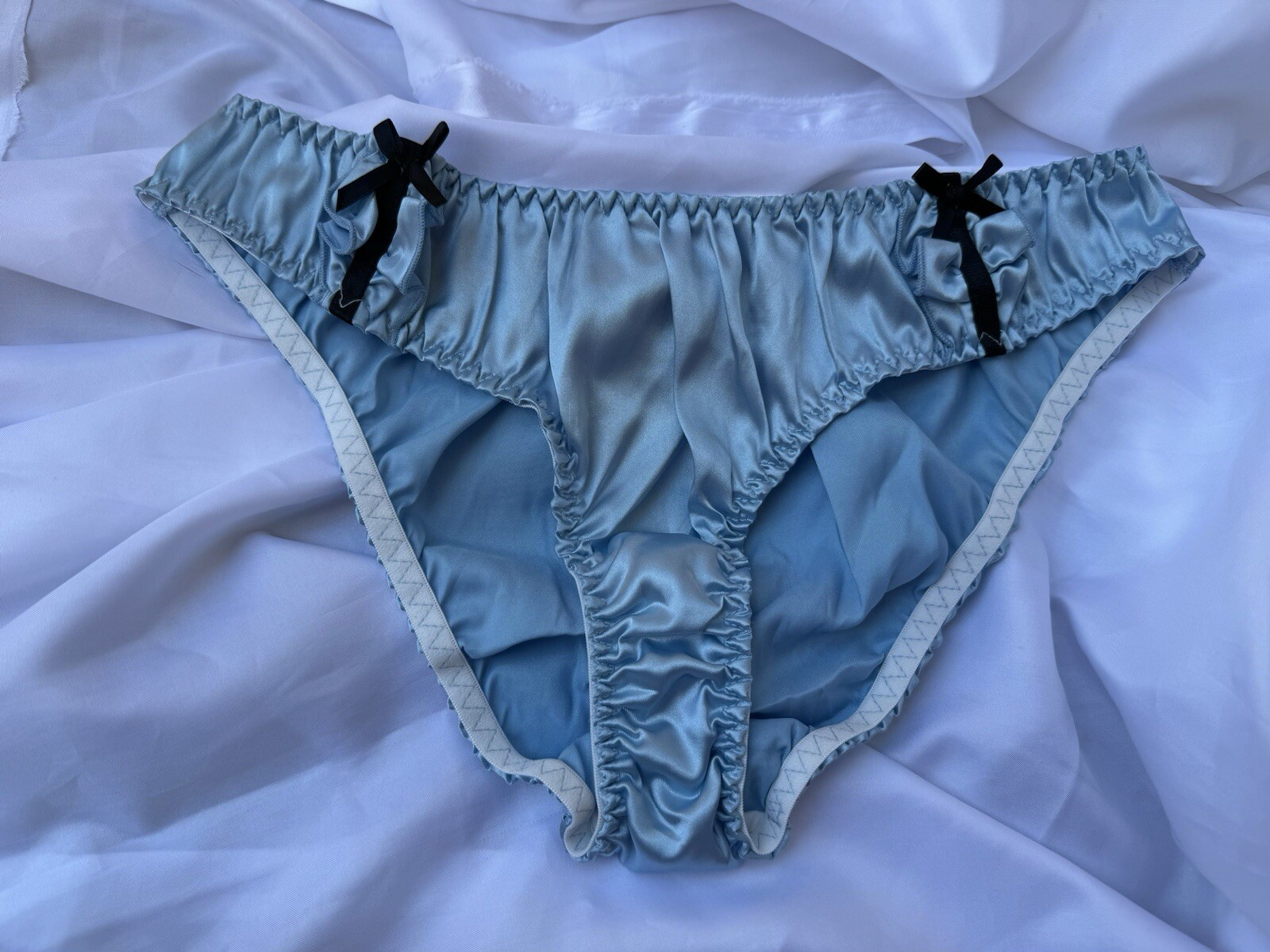 Light Baby Blue Silky Satin Bikini Panties Ruffle Black Side Bows Sz Medium