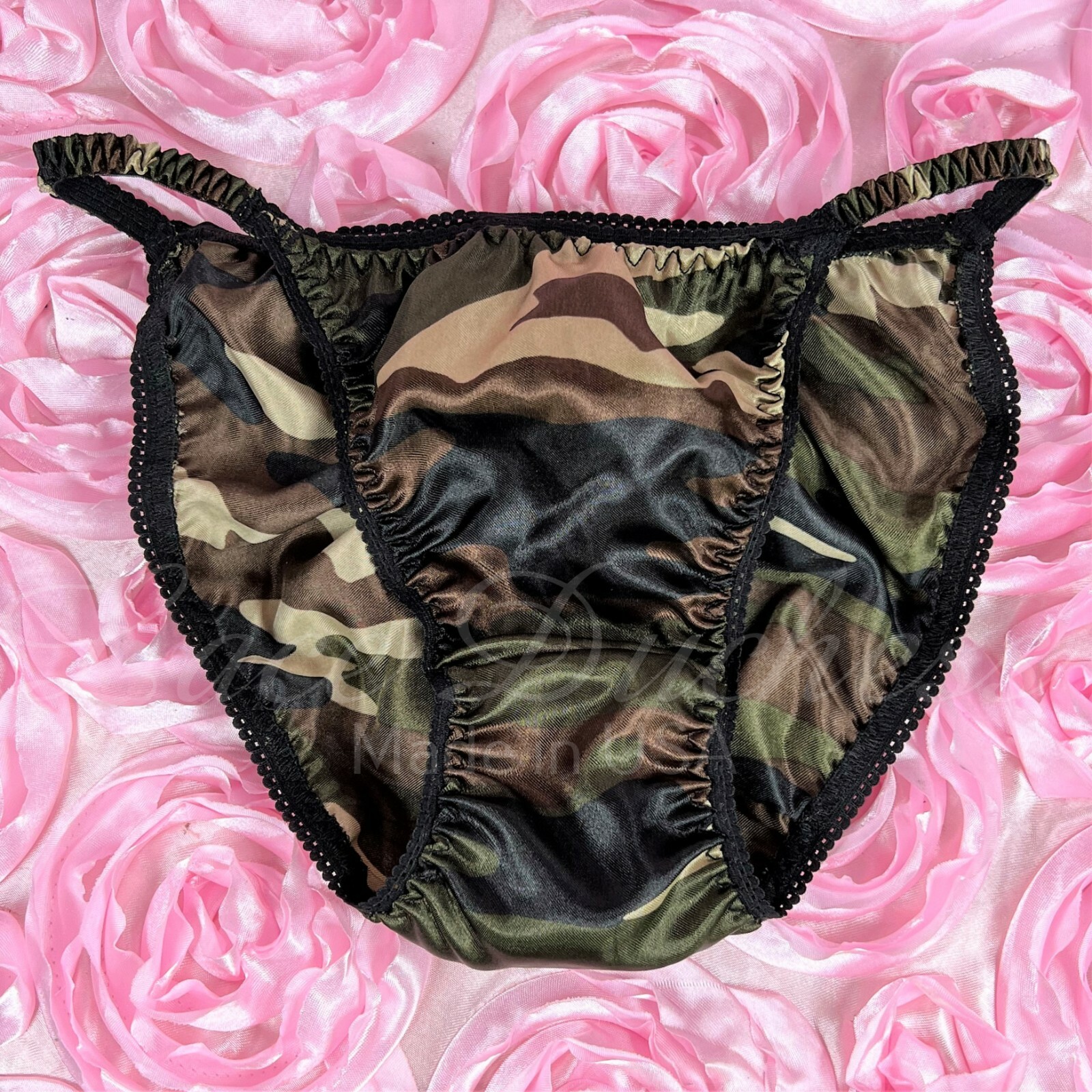 Camo Satin Sissy DUCHESS CUT shiny ladies or men’s COUPLES string bikini panties