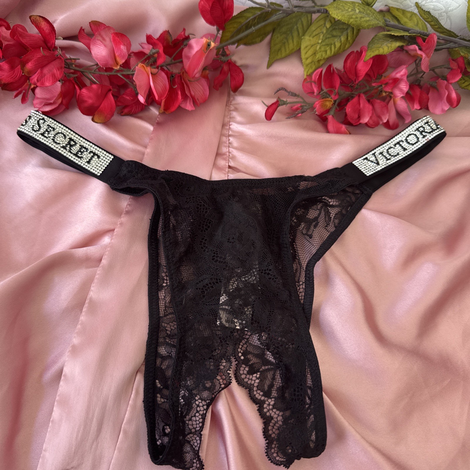 VICTORIA’S SECRET S BLACK RHINESTONE BLING OPEN BOTTOM BRAZILIAN PANTIES NWT