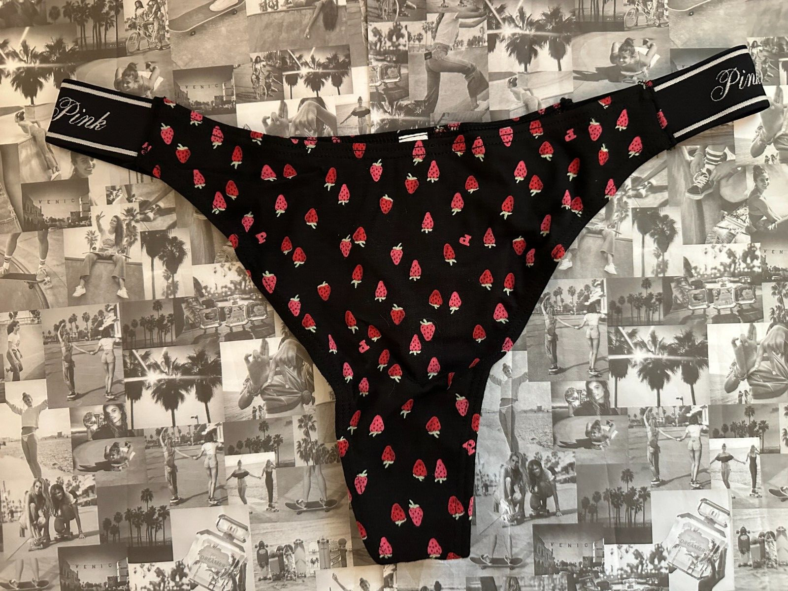 NWT Victoria’s Secret PINK Elastic Logo cotton Thong Panty Black Strawberry S