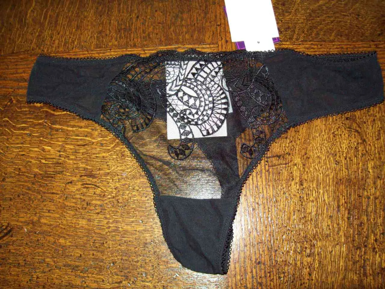NWT SAKI SILVER 91% NYLON 9% SPANDEX THONG PANTIES w LACE P2061 BLK XL
